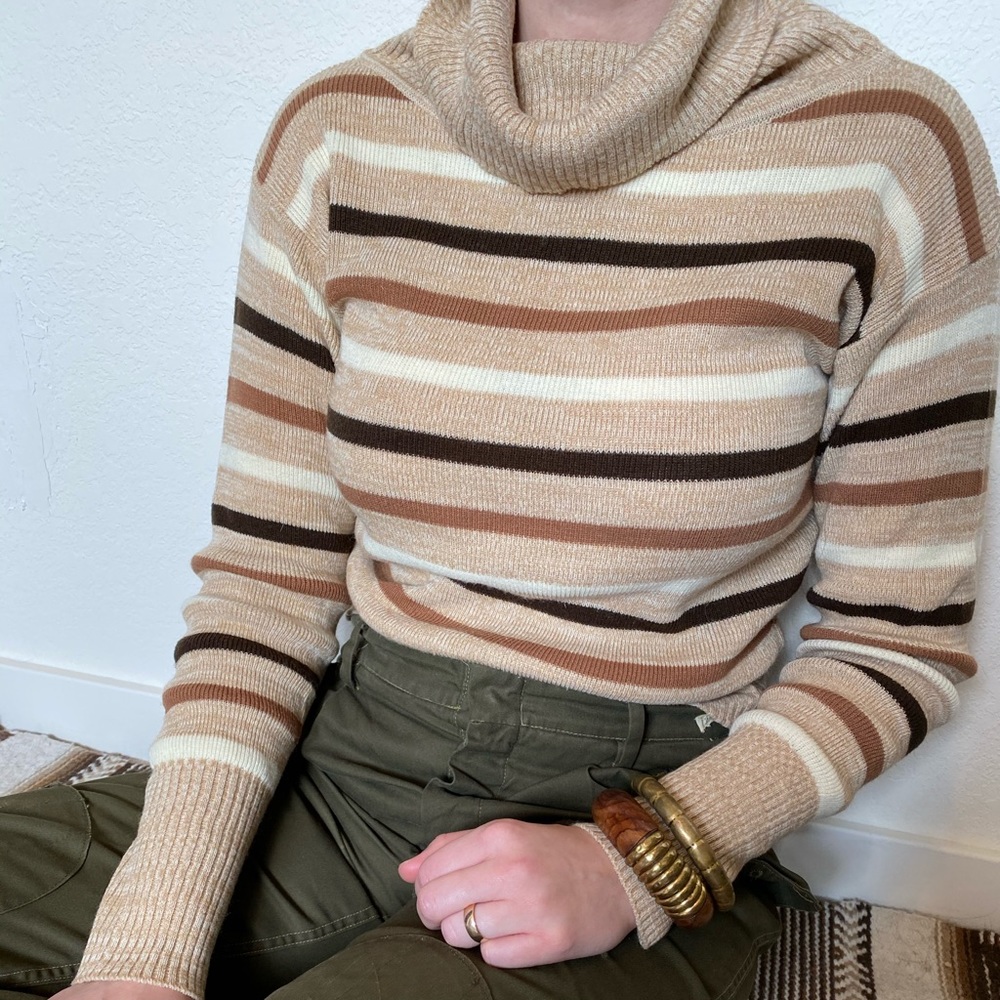 Vintage Neutral Brown Striped Turtleneck Sweater